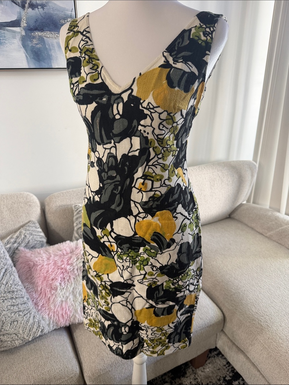 Floral V-Neck Sheath Dress in Black, Mustard & Green